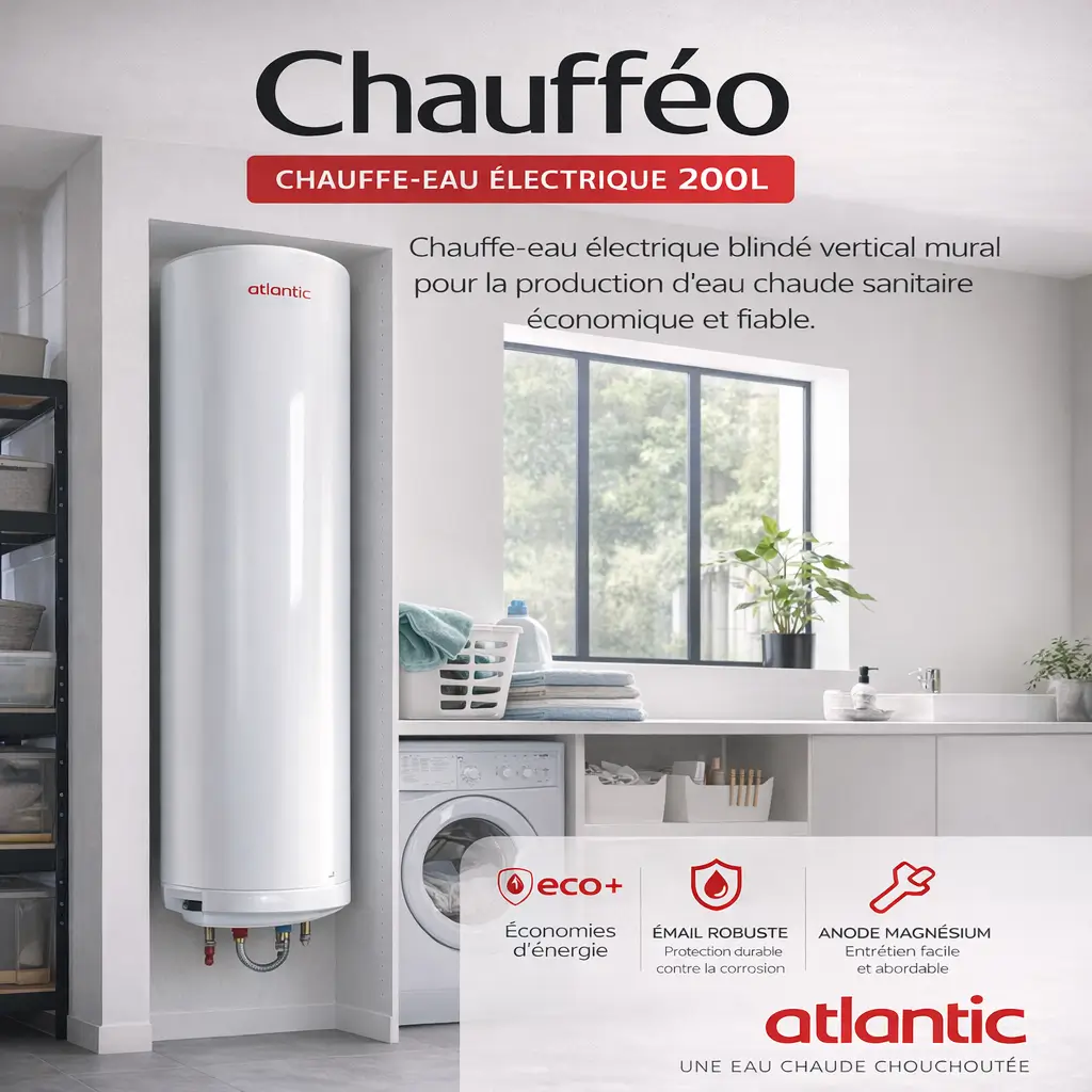 Chauffe-eau électrique 200L Atlantic Chaufféo blindé vertical mural