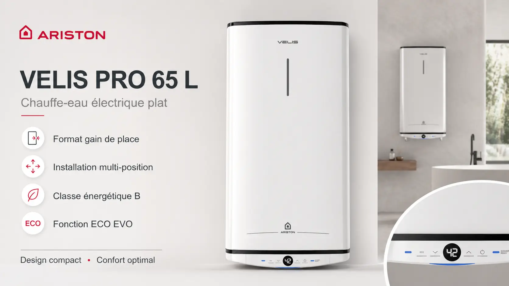 Chauffe-eau électrique plat Ariston Velis PRO 65 litres installé en salle de bain