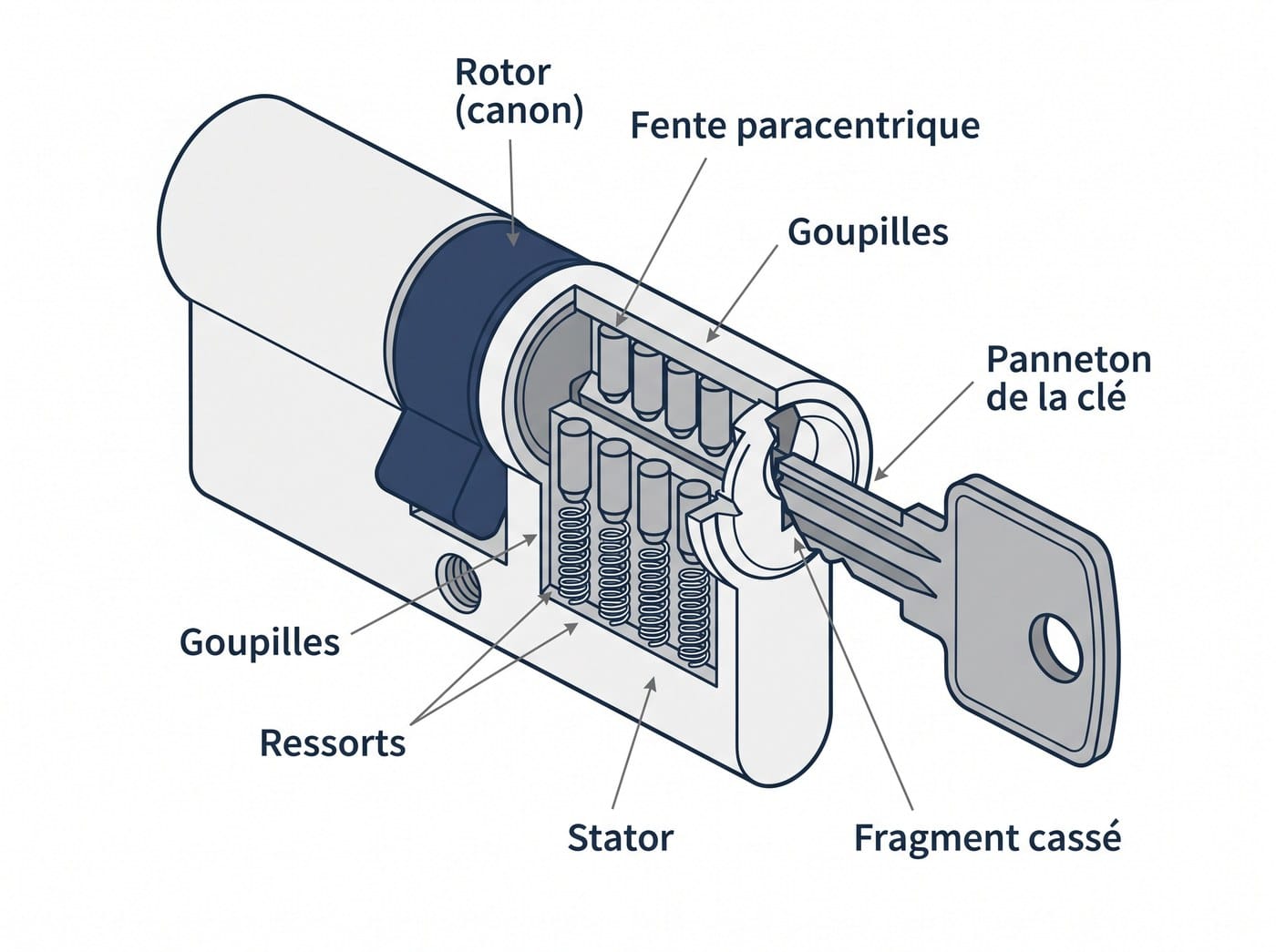 Vue éclatée d'un cylindre de serrure : rotor, fente paracentrique, goupilles, ressorts, panneton de la clé