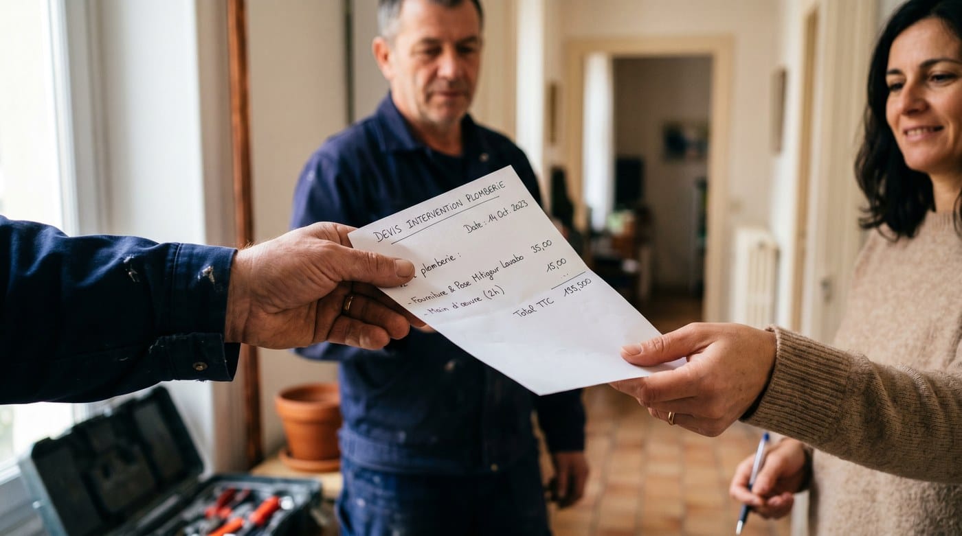 Plombier remettant un devis écrit à un client