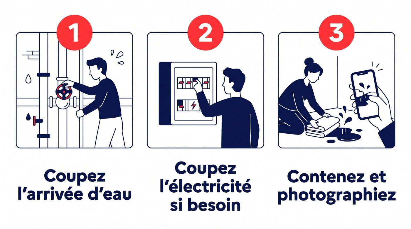 Fuite d'eau : couper l'arrivée, sécuriser l'électricité, contenir