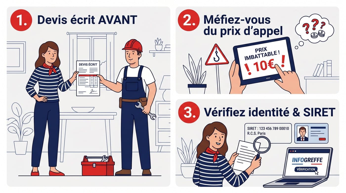 Reconnaître une arnaque au serrurier : devis, prix d'appel, identité