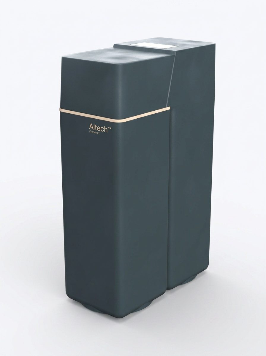 Adoucisseur bi-bloc vu de face, boîtier de commande et flexibles inox