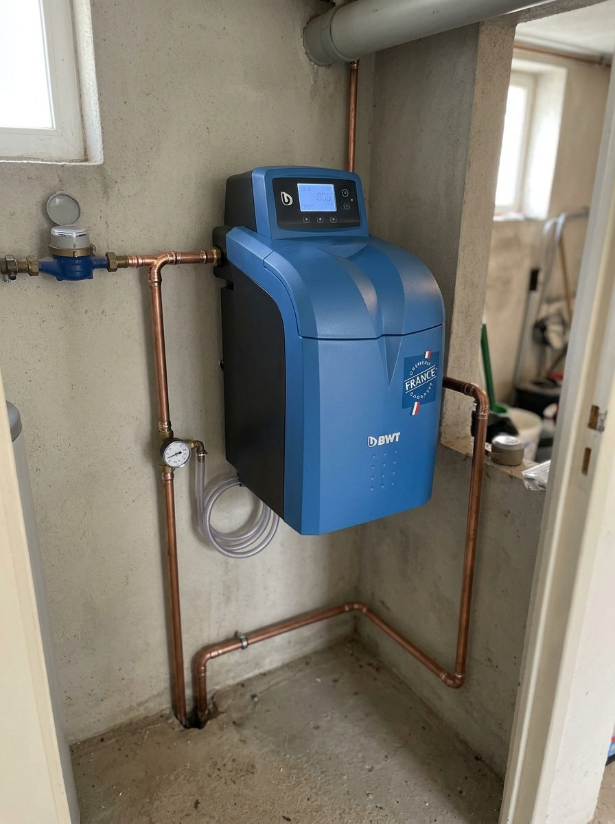 Plombier réglant la mise en service d'un adoucisseur d'eau BWT