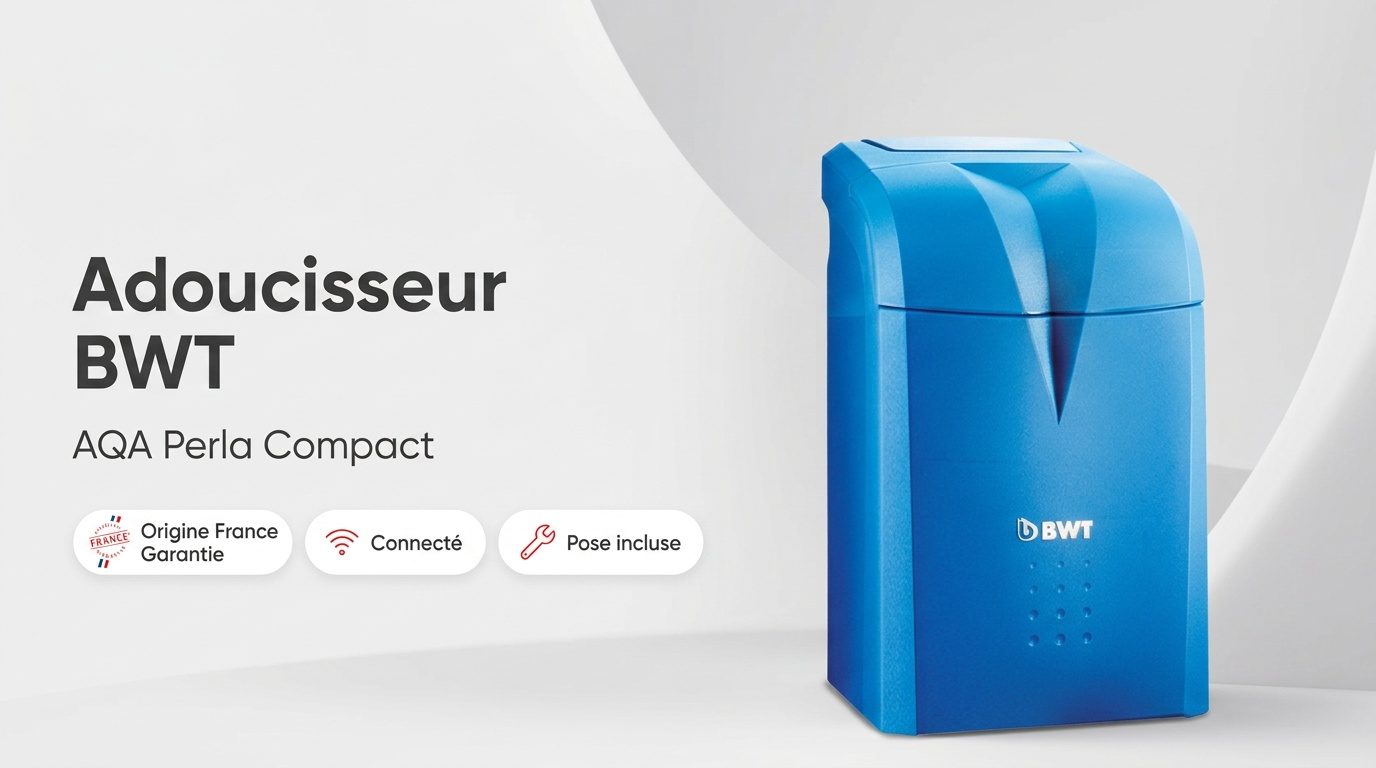 Adoucisseur d'eau BWT AQA Perla Compact, boîtier bleu compact avec logo BWT