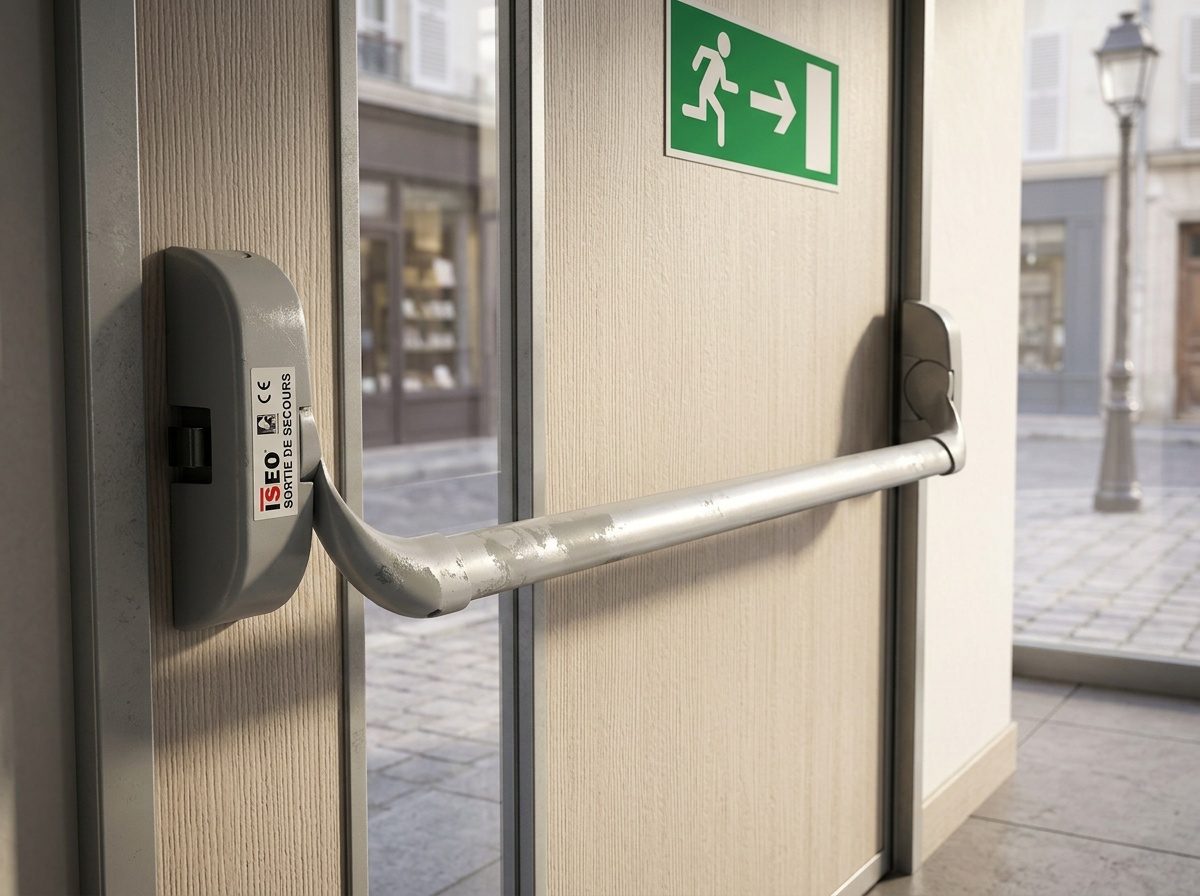 Porte d'issue de secours équipée d'une barre anti-panique dans un commerce