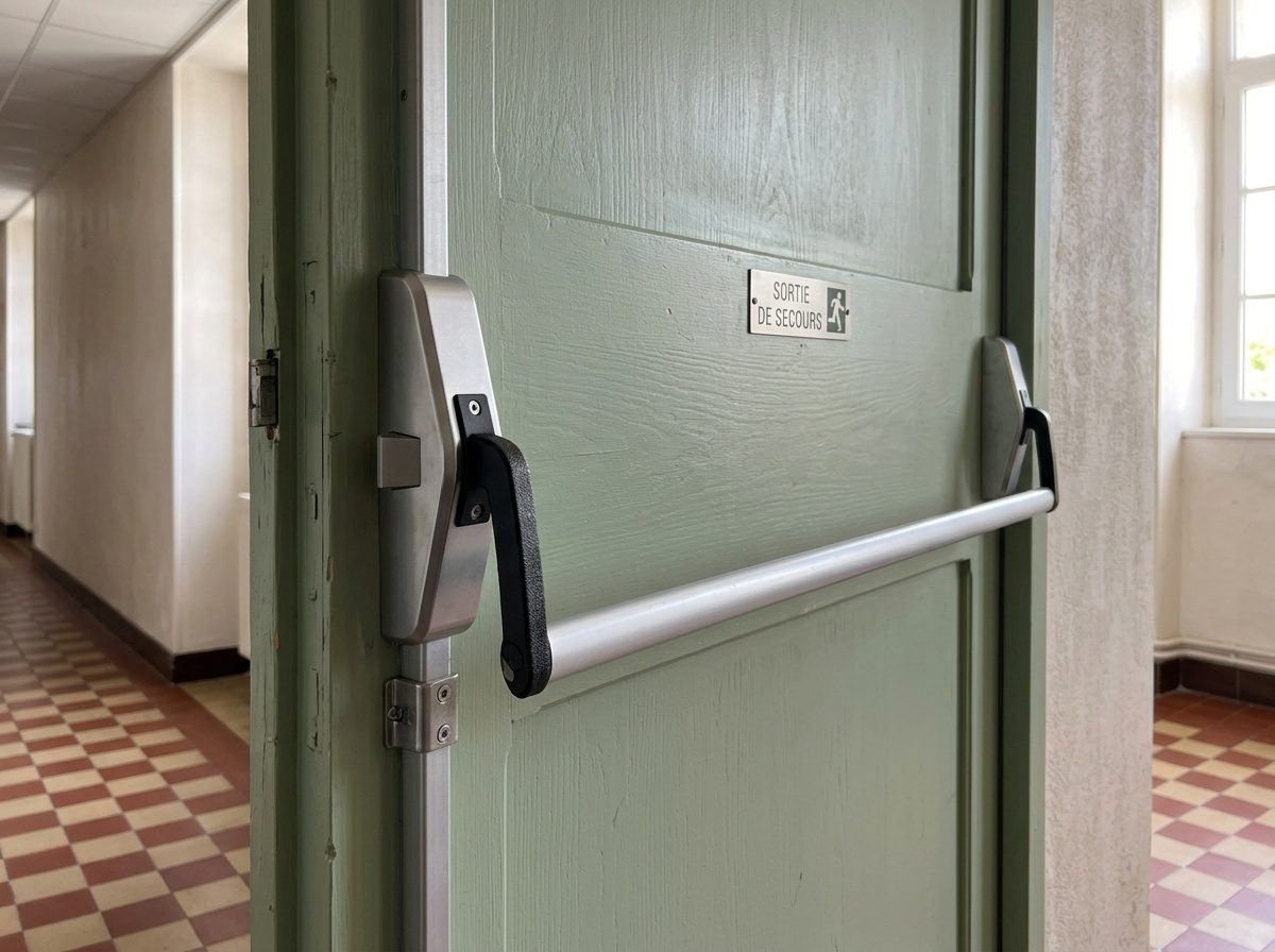 Porte de secours d'ERP équipée d'une barre anti-panique, ouverture par poussée