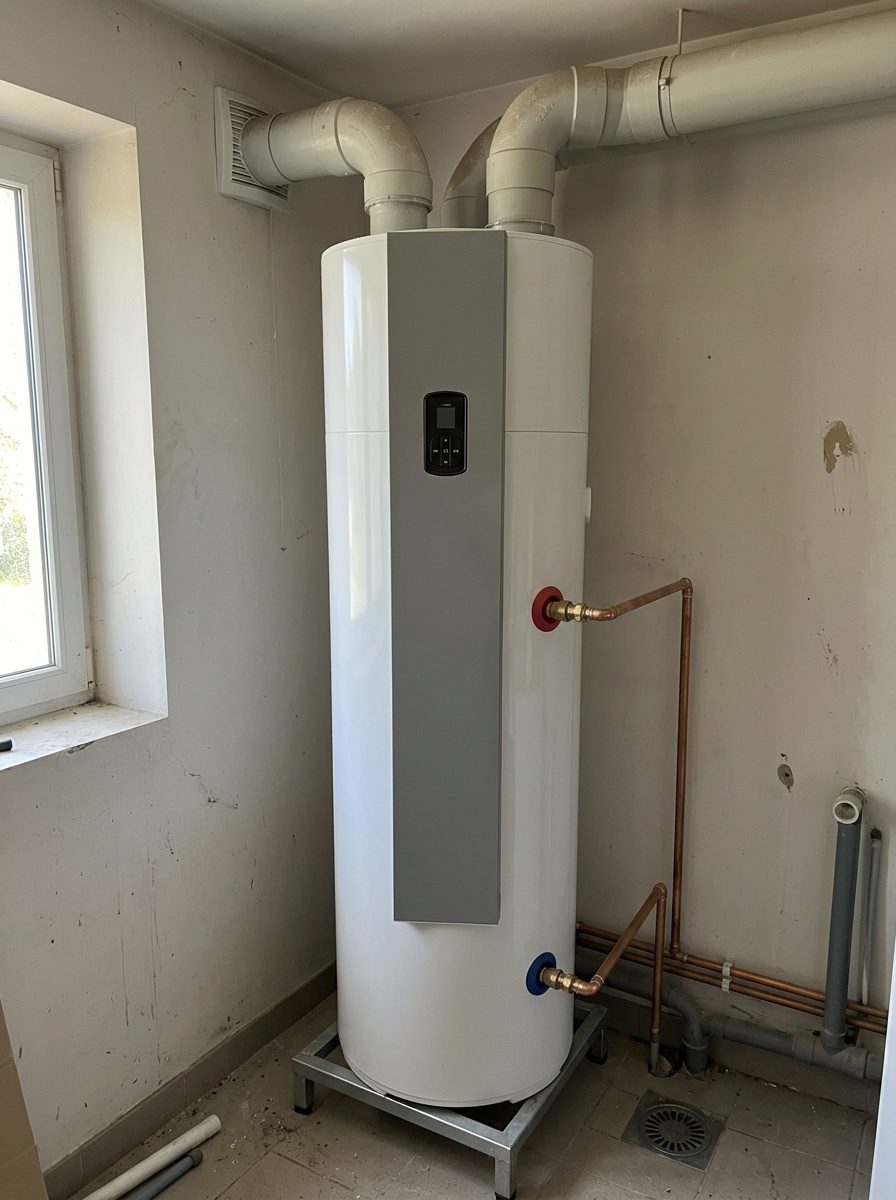 Chauffagiste raccordant un chauffe-eau thermodynamique Atlantic Calypso 240L