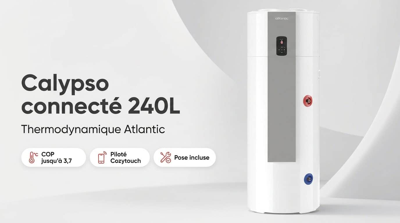 Chauffe-eau thermodynamique Atlantic Calypso Connecté 240L vertical sur socle, chapeau pompe à chaleur