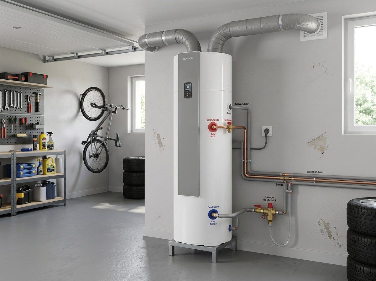 Chauffe-eau thermodynamique installé dans un garage à la place d'un ancien ballon électrique