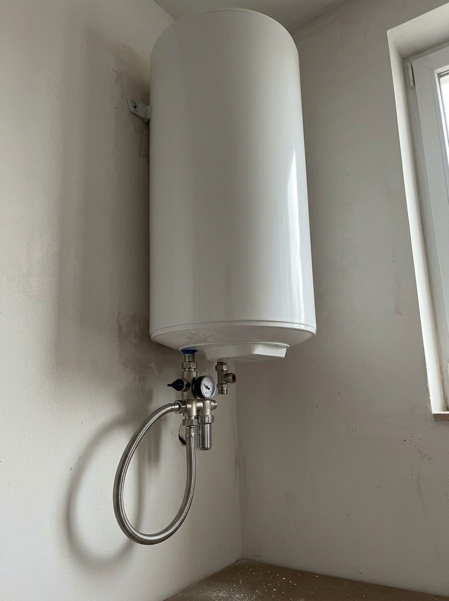 Plombier raccordant un chauffe-eau électrique avec groupe de sécurité neuf