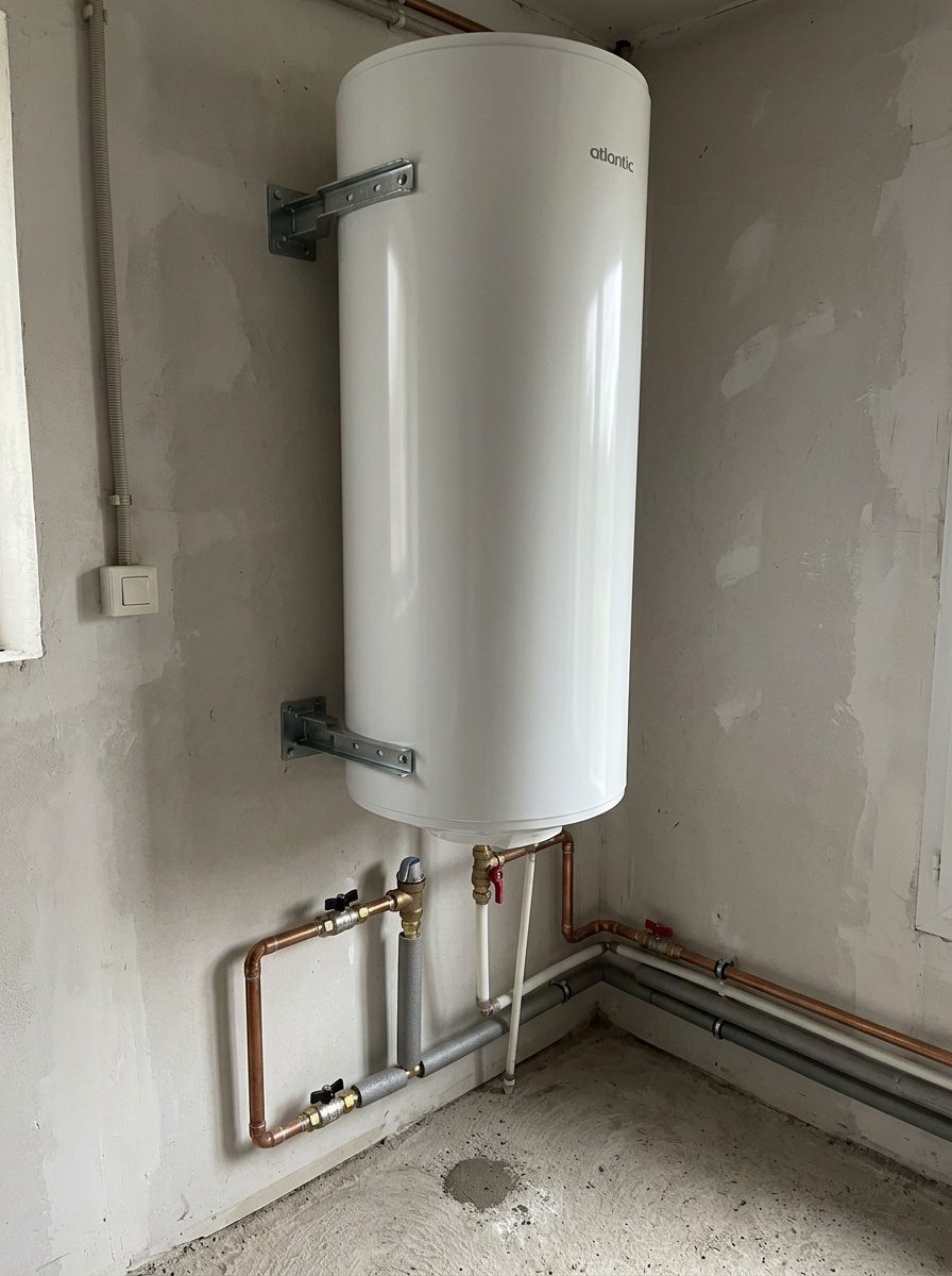 Plombier raccordant un chauffe-eau électrique de 200 litres au mur