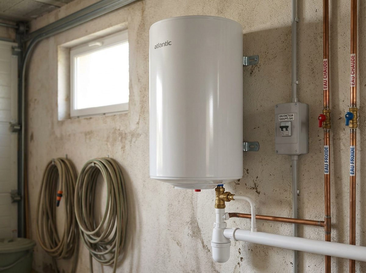 Chauffe-eau de 200 litres installé au mur dans un local technique