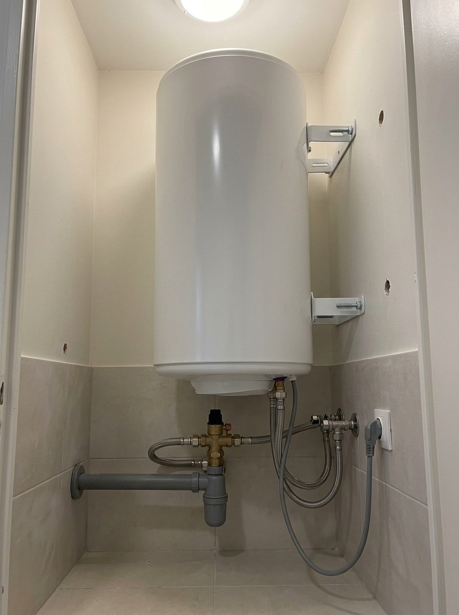 Chauffe-eau 200 L posé par un artisan, groupe de sécurité et flexibles raccordés