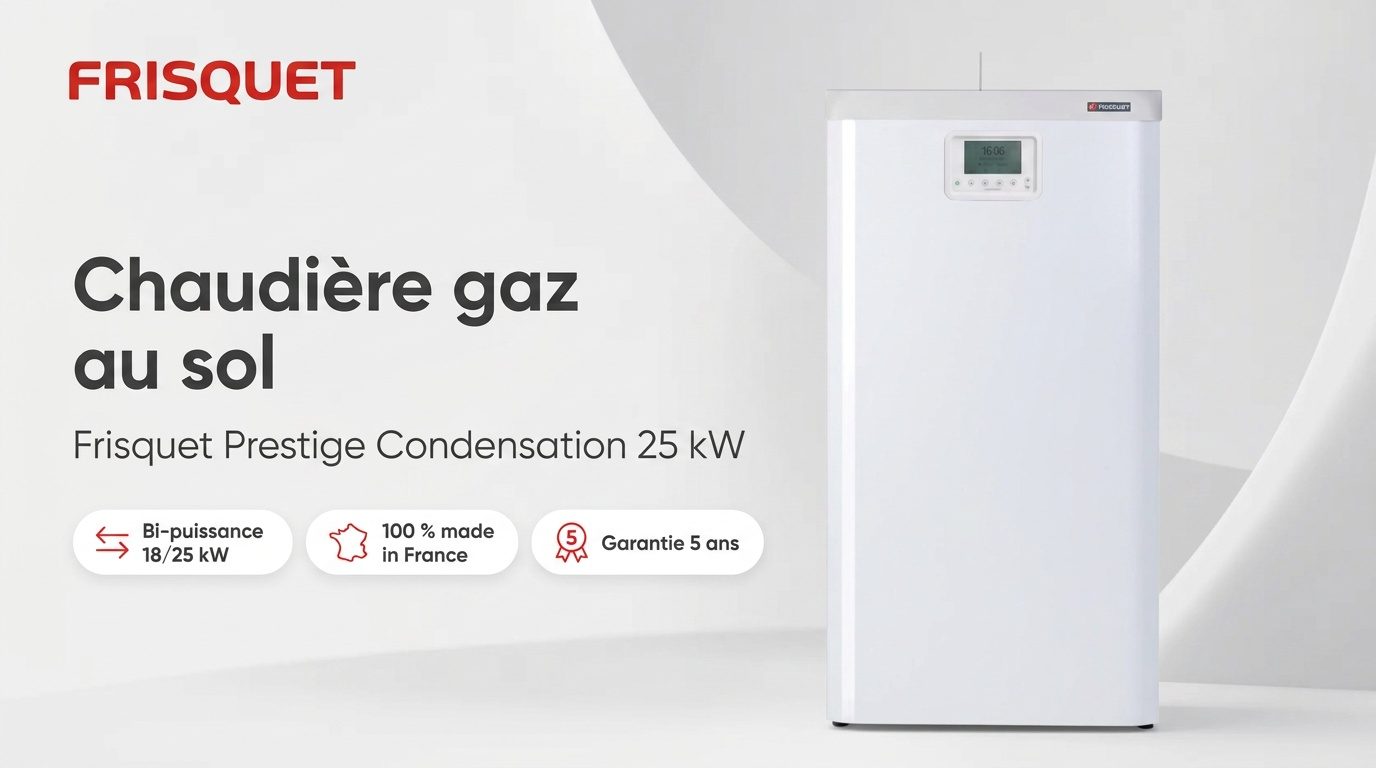 Chaudière gaz au sol Frisquet Prestige Condensation 25 kW blanche, façade avec écran de régulation