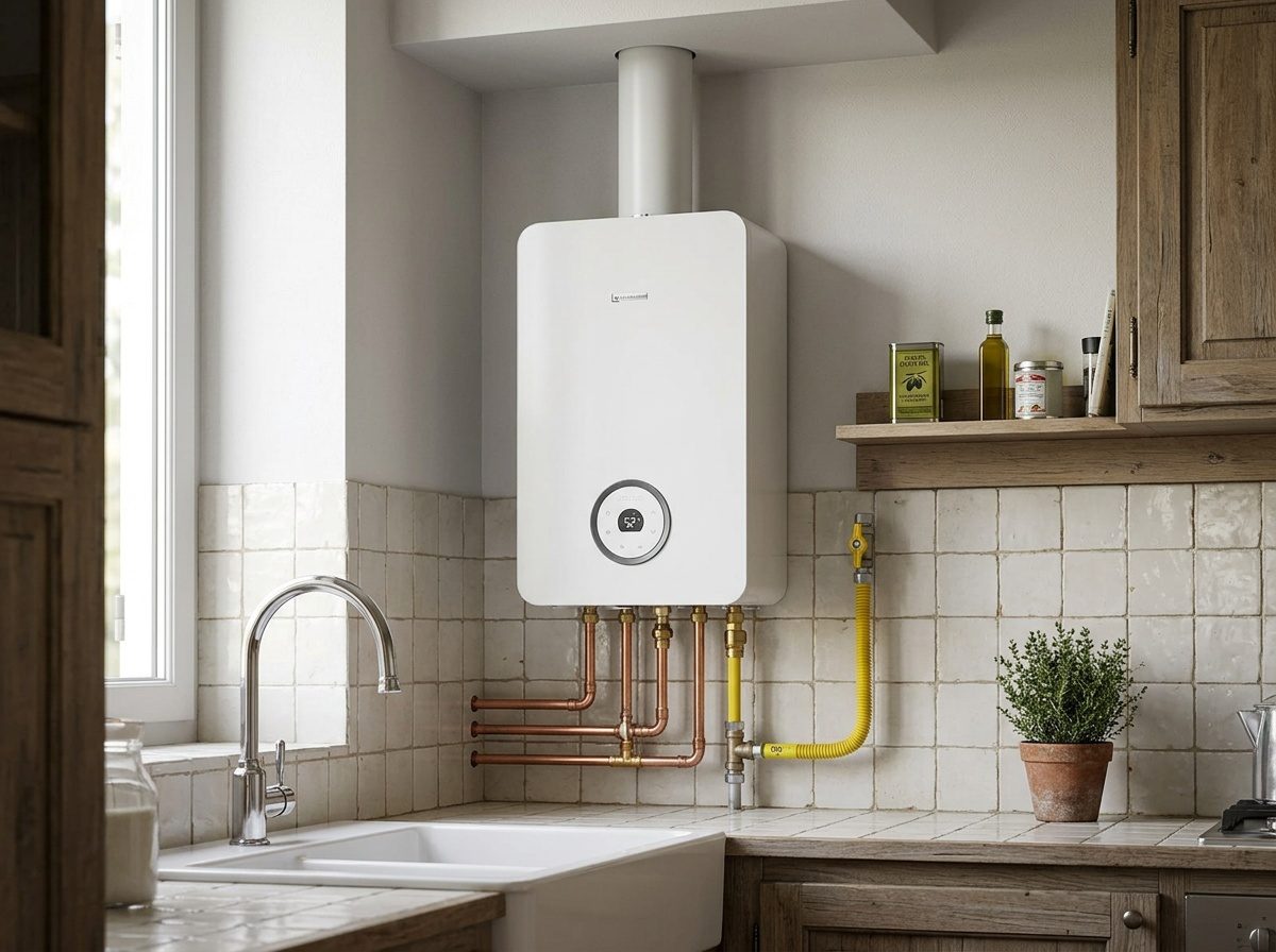 Chauffe-bain gaz Ondéa installé au mur dans une salle de bains
