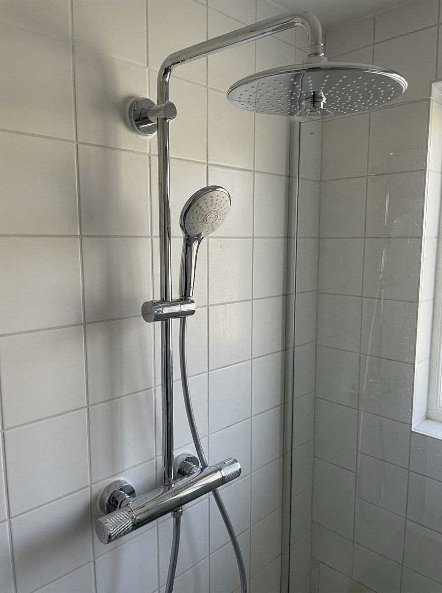 Plombier réglant le mitigeur thermostatique d'une colonne de douche GROHE
