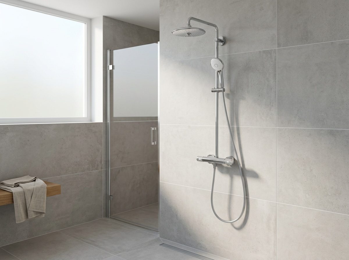 Douche de tête 260 mm en fonctionnement avec jet pluie dans une douche