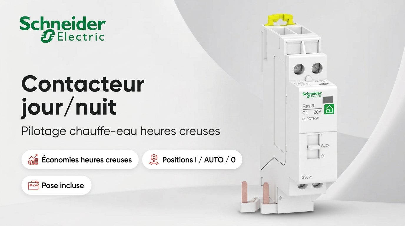 Contacteur jour/nuit installé dans un tableau électrique pour piloter le chauffe-eau