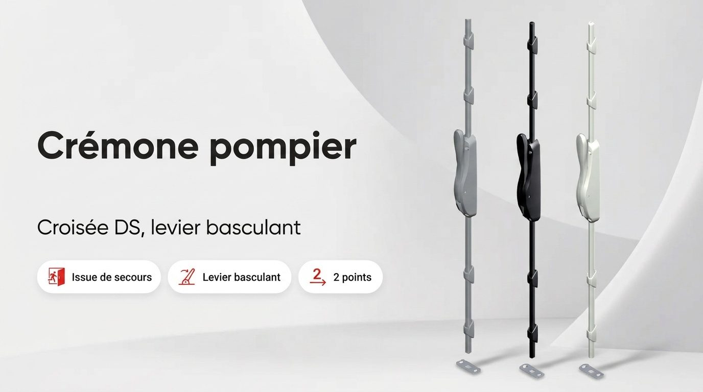 Crémone pompier à levier basculant installée sur le vantail semi-fixe d'une porte double de secours