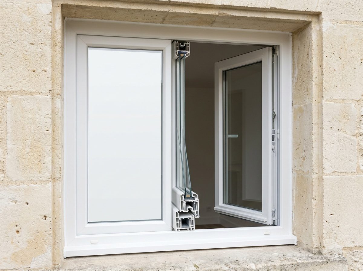 Fenêtre PVC installée dans l'ouverture d'un mur, vue intérieure