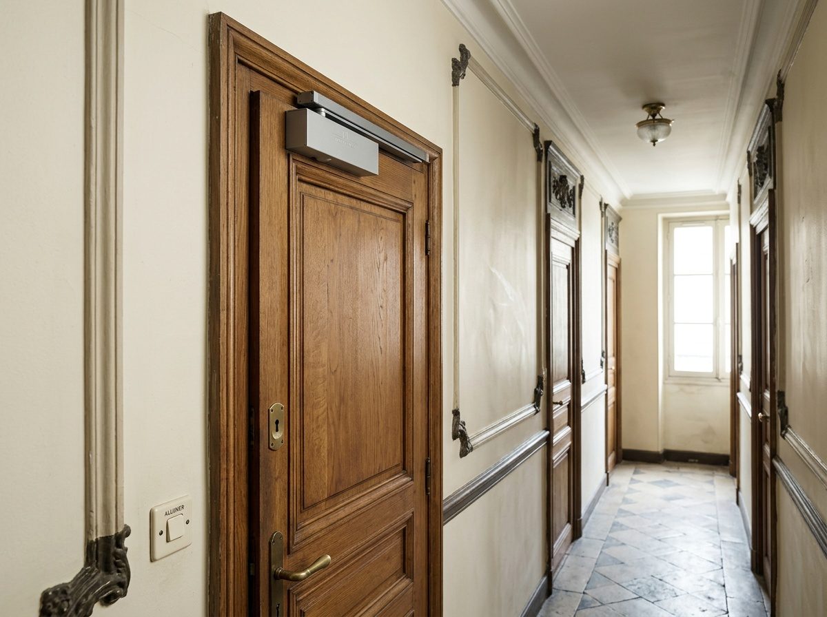 Porte d'entrée équipée d'un ferme-porte qui se referme automatiquement