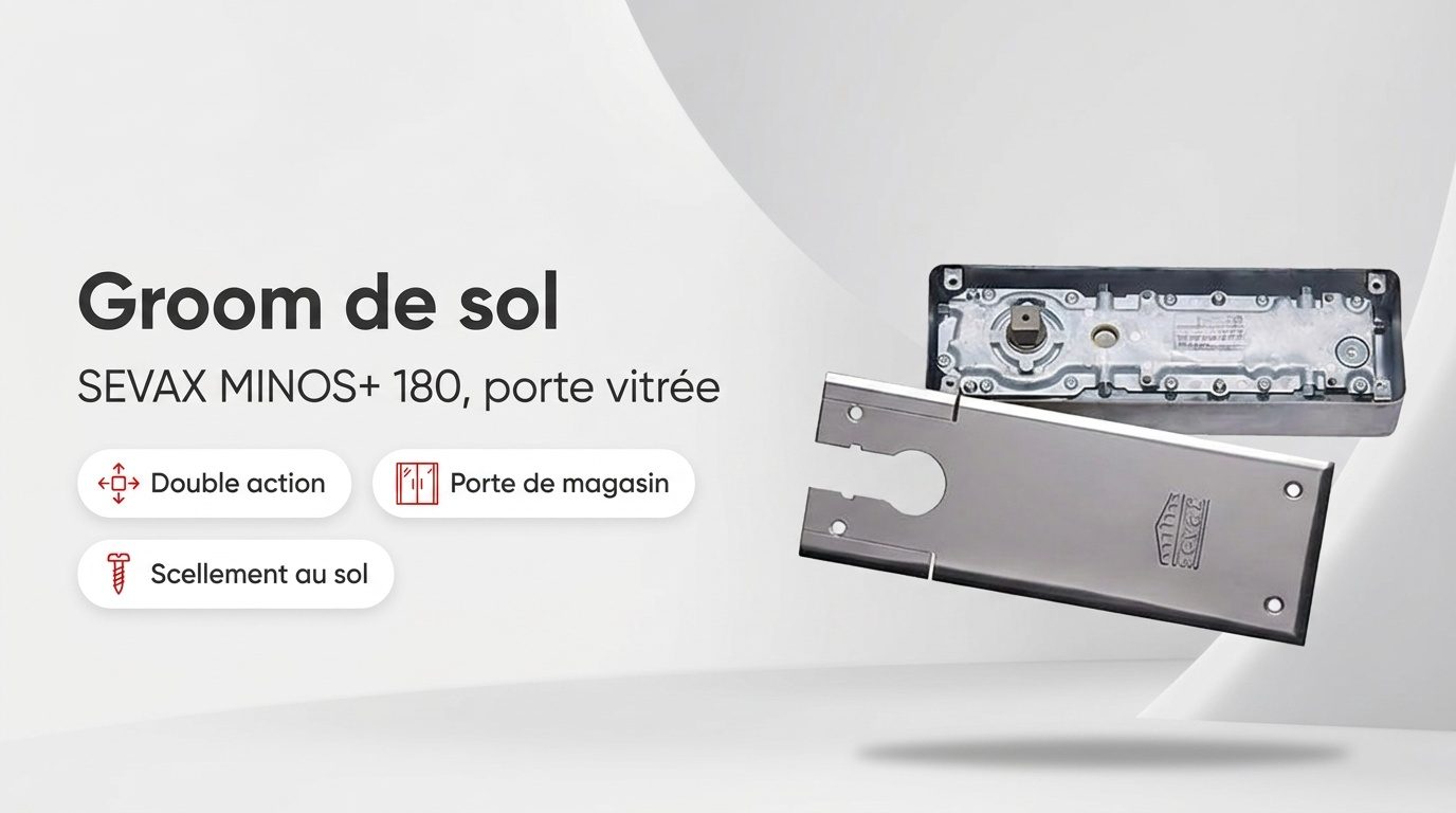 Pivot de sol SEVAX MINOS+ 180 installé sous une porte de magasin vitrée