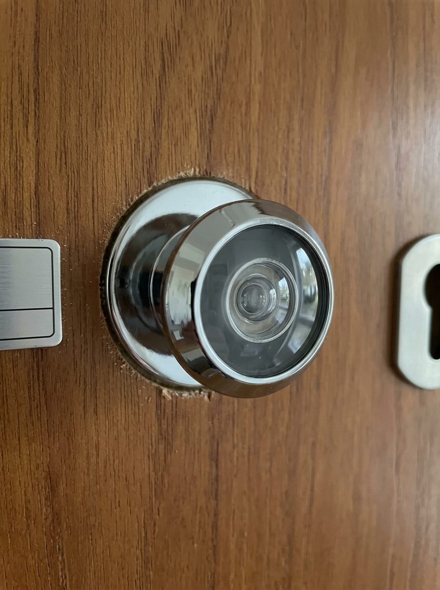 Serrurier posant un judas microviseur sur une porte d'entrée