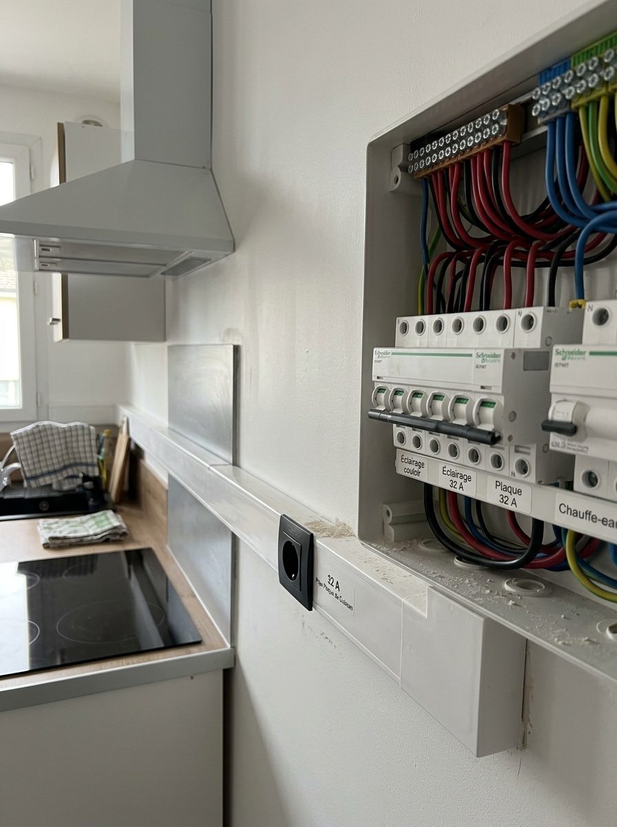 Électricien raccordant un disjoncteur 32 A courbe C dans un tableau électrique