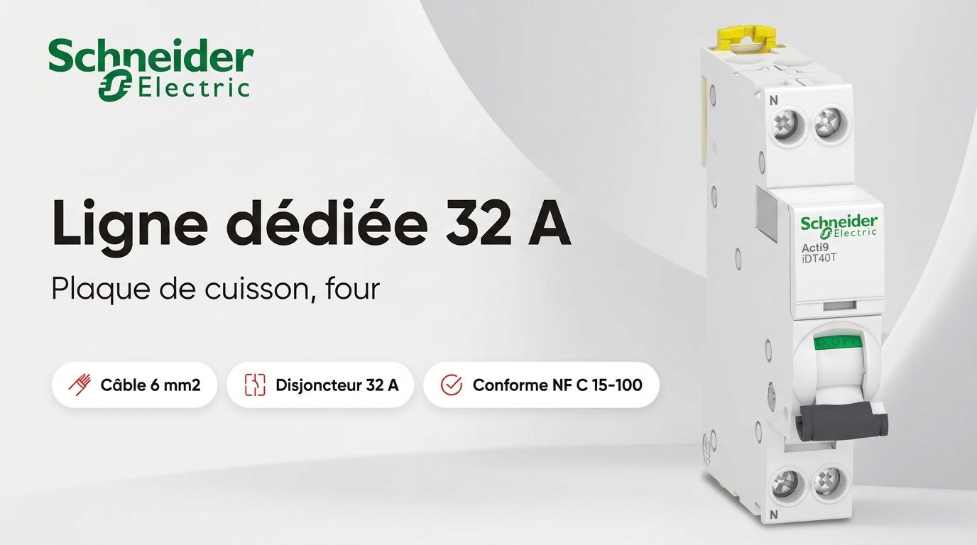 Éléments d'une ligne dédiée 32 A : disjoncteur courbe C, câble cuivre 6 mm² et prise pour plaque de cuisson