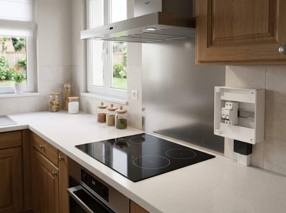 Prise 32 A raccordée pour une plaque de cuisson dans une cuisine