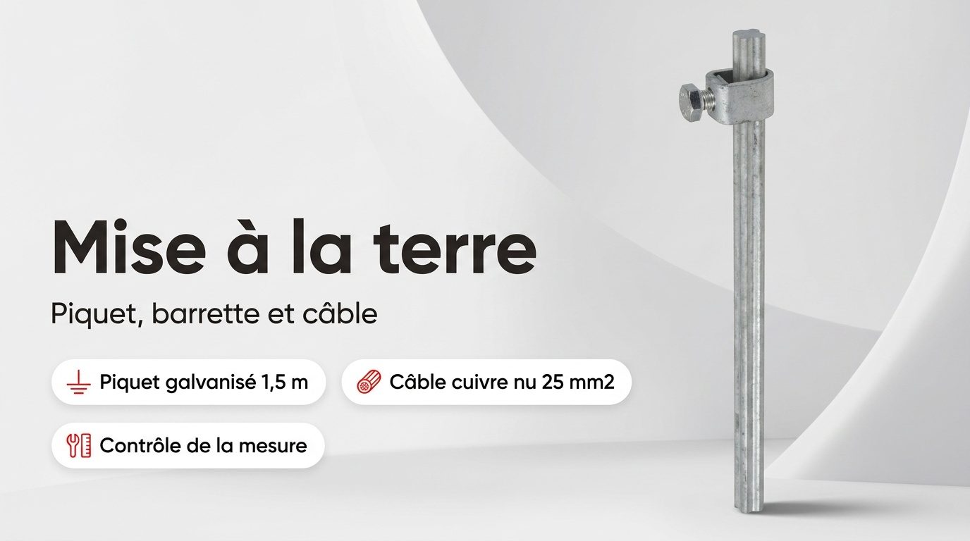 Éléments d'une mise à la terre : piquet galvanisé, barrette de coupure et câble de cuivre nu