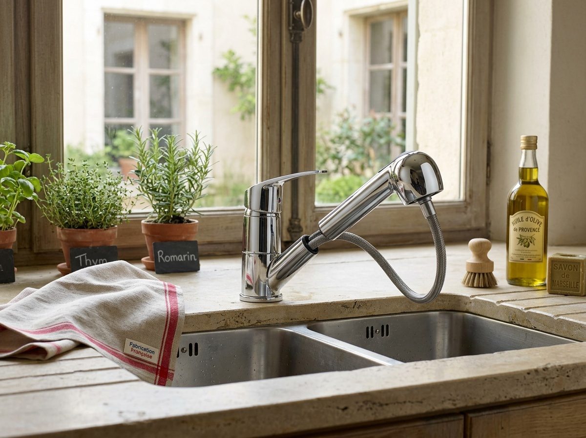 Mitigeur à douchette installé sur un évier de cuisine monotrou