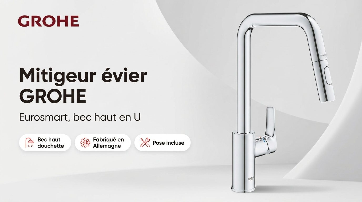 Mitigeur d'évier GROHE Eurosmart chromé à bec haut en U avec douchette extractible