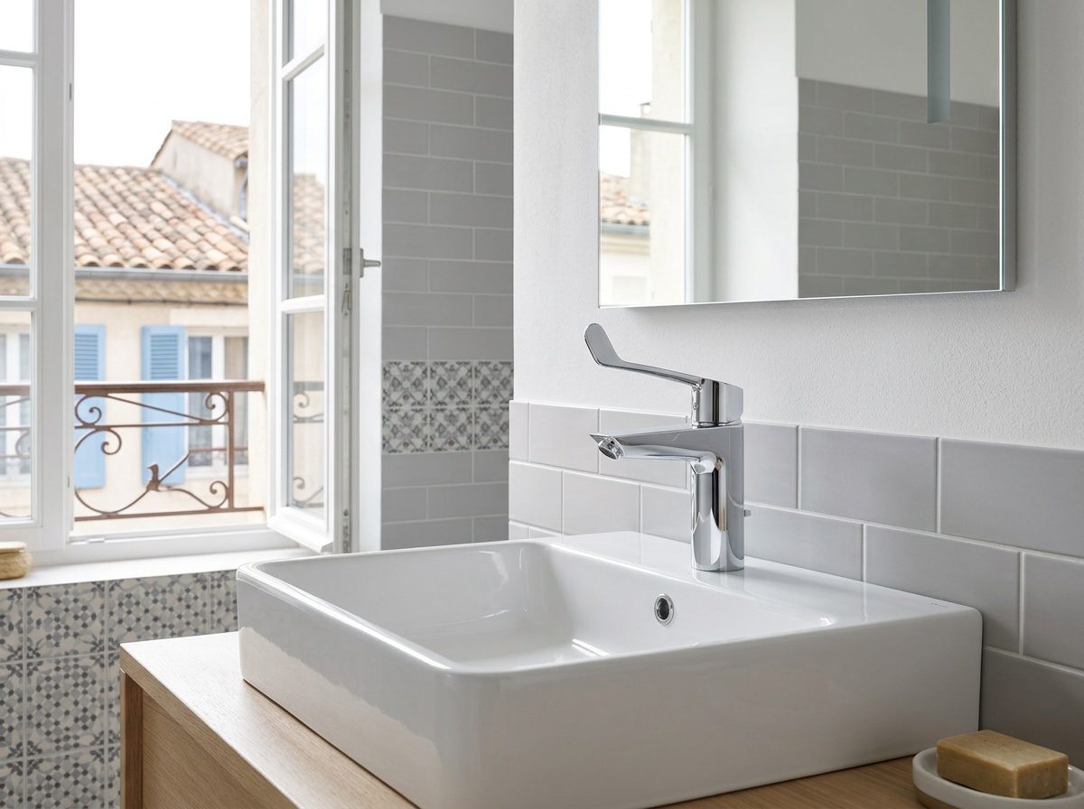 Mitigeur GROHE Eurosmart posé sur un lavabo de salle de bains