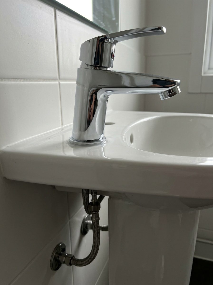Plombier raccordant un mitigeur de lavabo sous la vasque