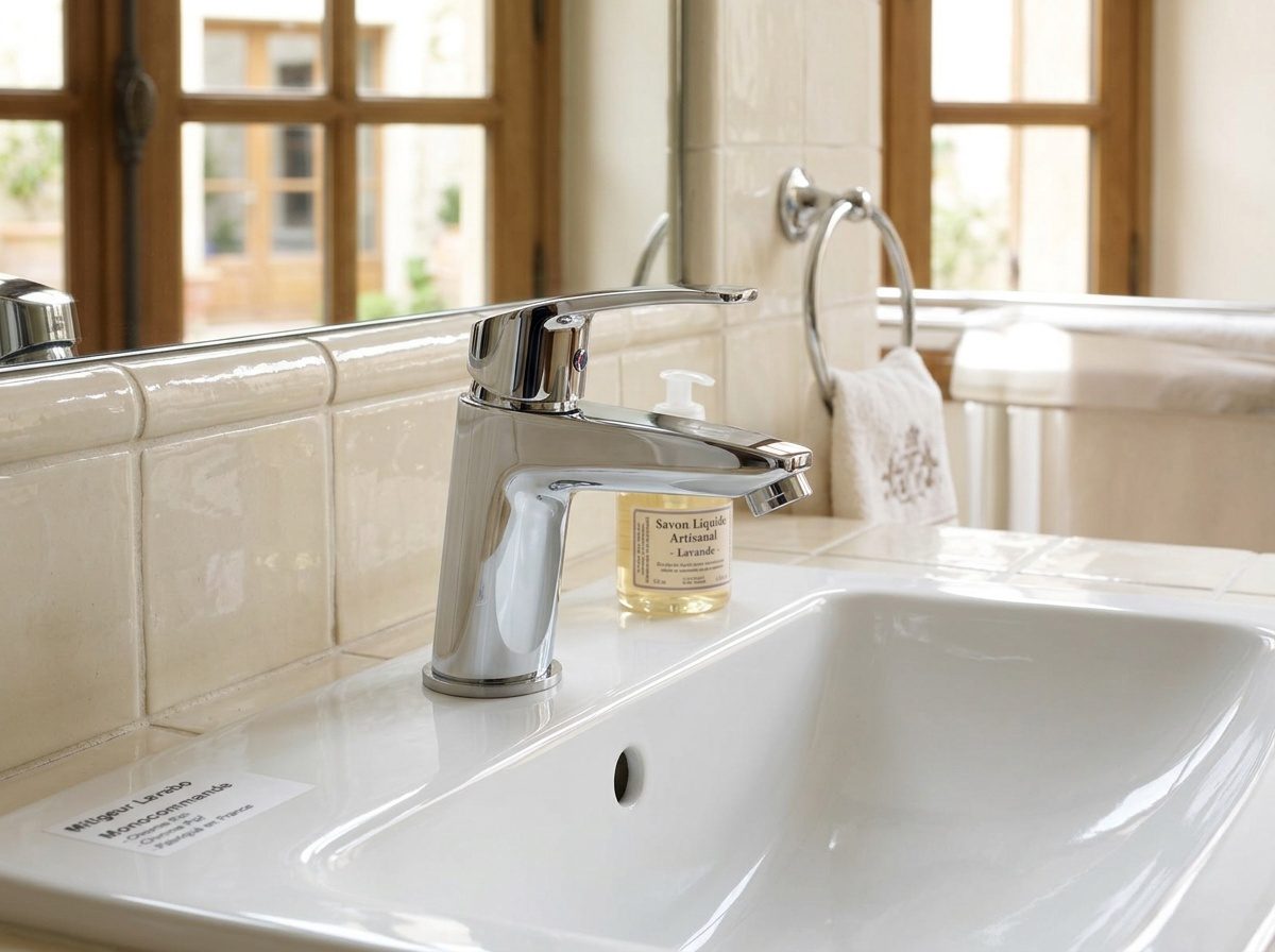 Mitigeur monotrou posé sur un lavabo de salle de bain