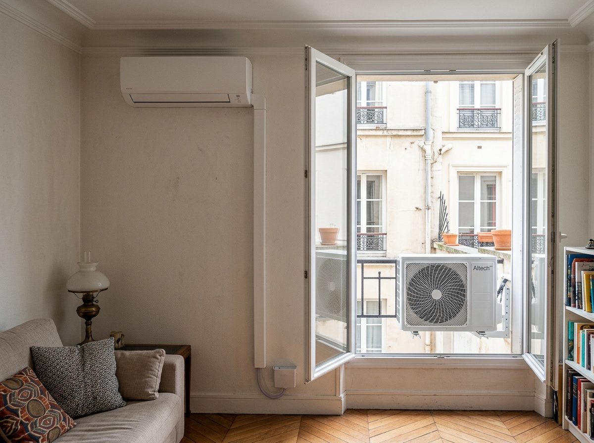 Unité murale de climatisation réversible installée dans un salon