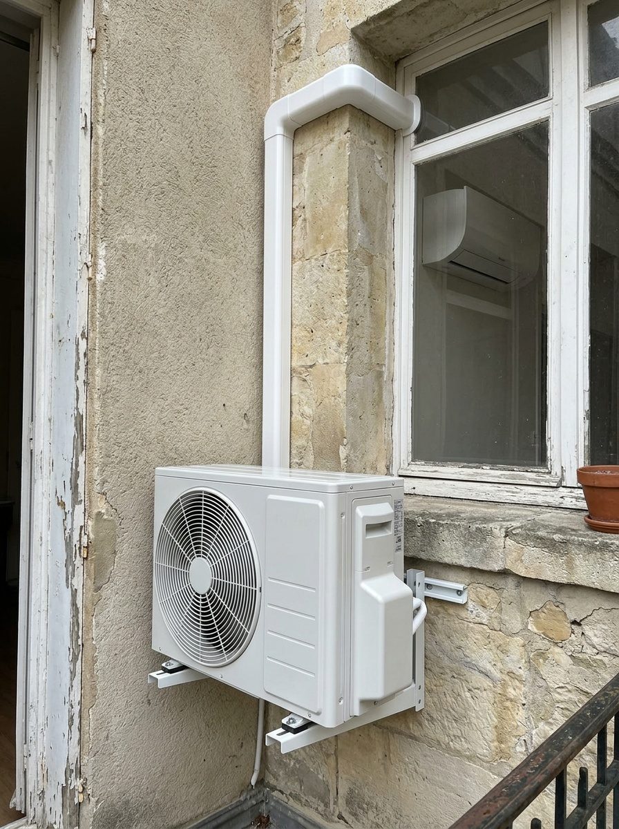 Unité extérieure de monosplit posée par un chauffagiste, liaison frigorifique raccordée
