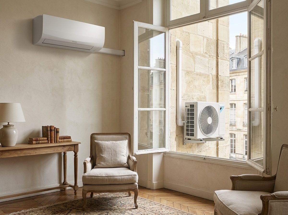 Unité intérieure de climatisation réversible installée en hauteur dans une pièce