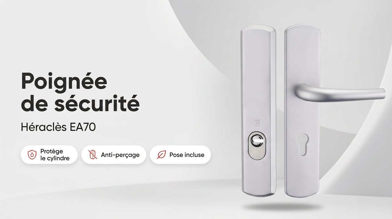 Poignée de sécurité EA70 Héraclès en aluminium argent, plaque de protection de la serrure