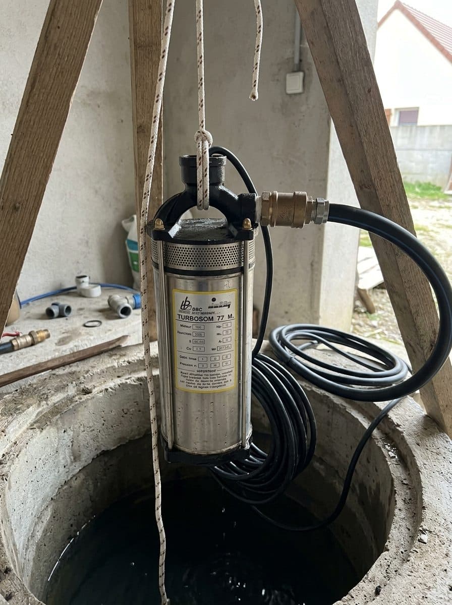 Plombier raccordant une pompe de puits et son coffret de démarrage
