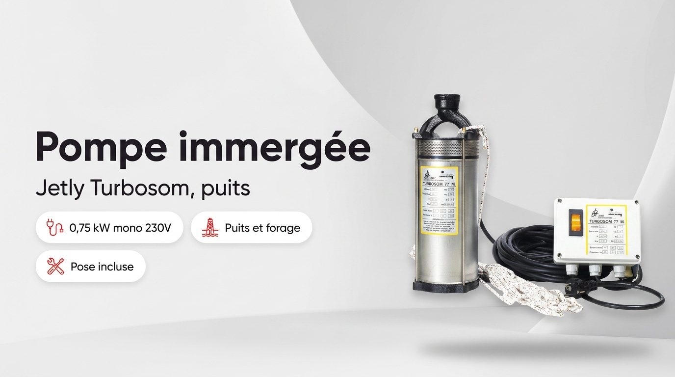 Pompe immergée de puits Jetly Turbosom 77M avec son coffret de démarrage et sa corde de suspension