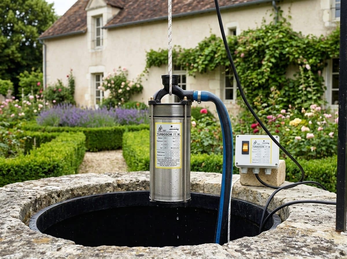 Pompe immergée descendue dans un puits, conduite de refoulement en tête de puits