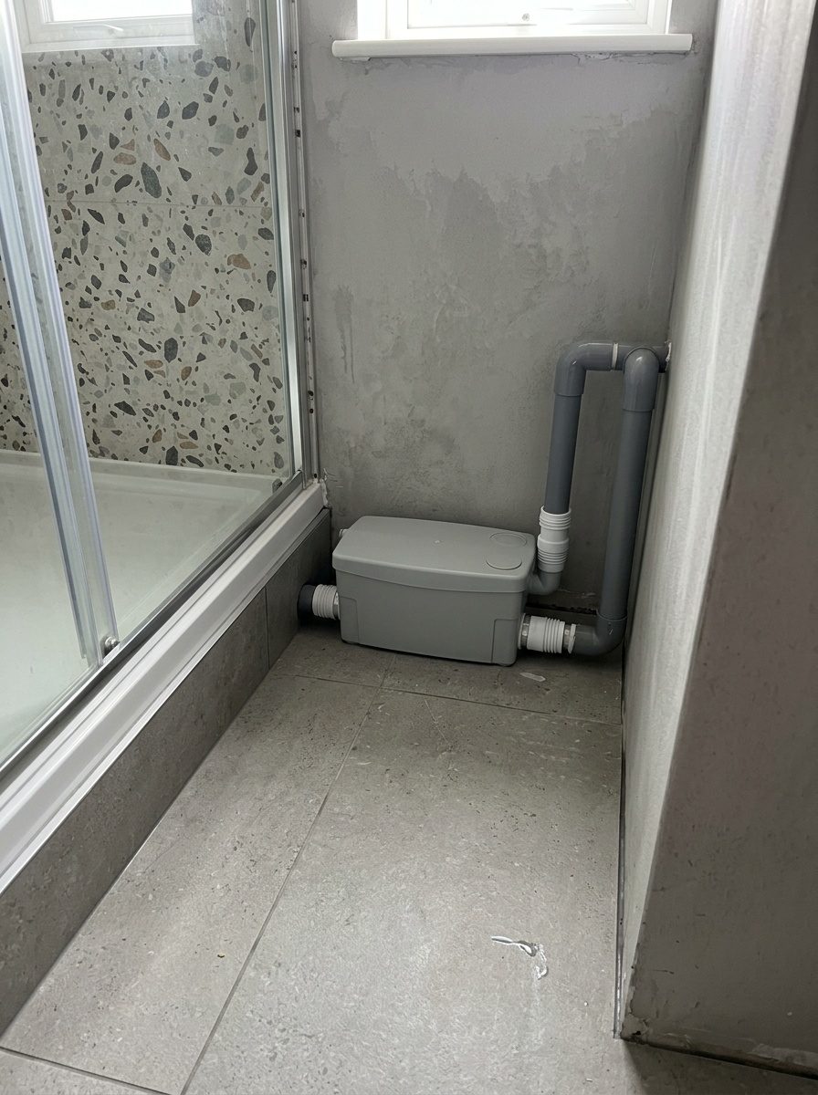 Plombier raccordant une pompe de relevage sous une douche