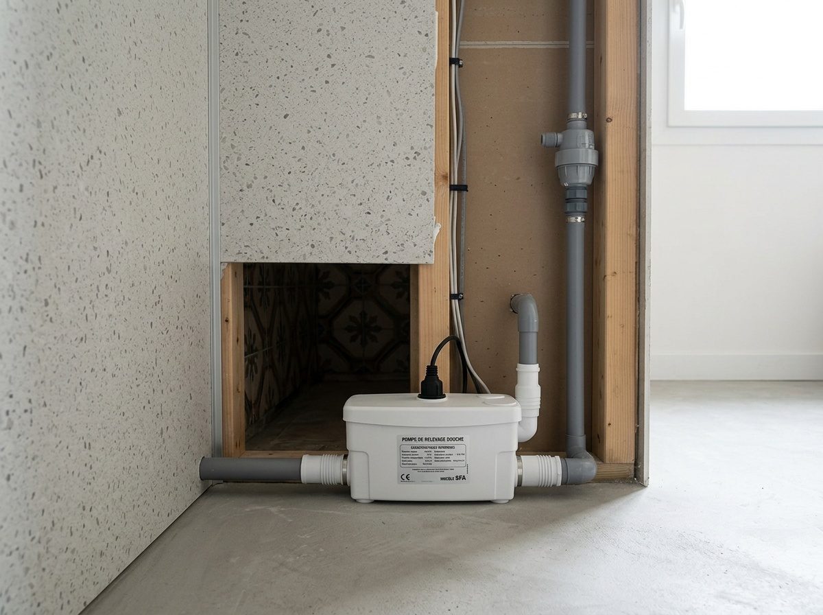 Pompe de relevage installée sous un receveur de douche