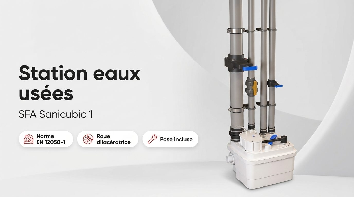 Station de relevage SFA Sanicubic 1 blanche posée au sol, raccordée à ses arrivées et son refoulement
