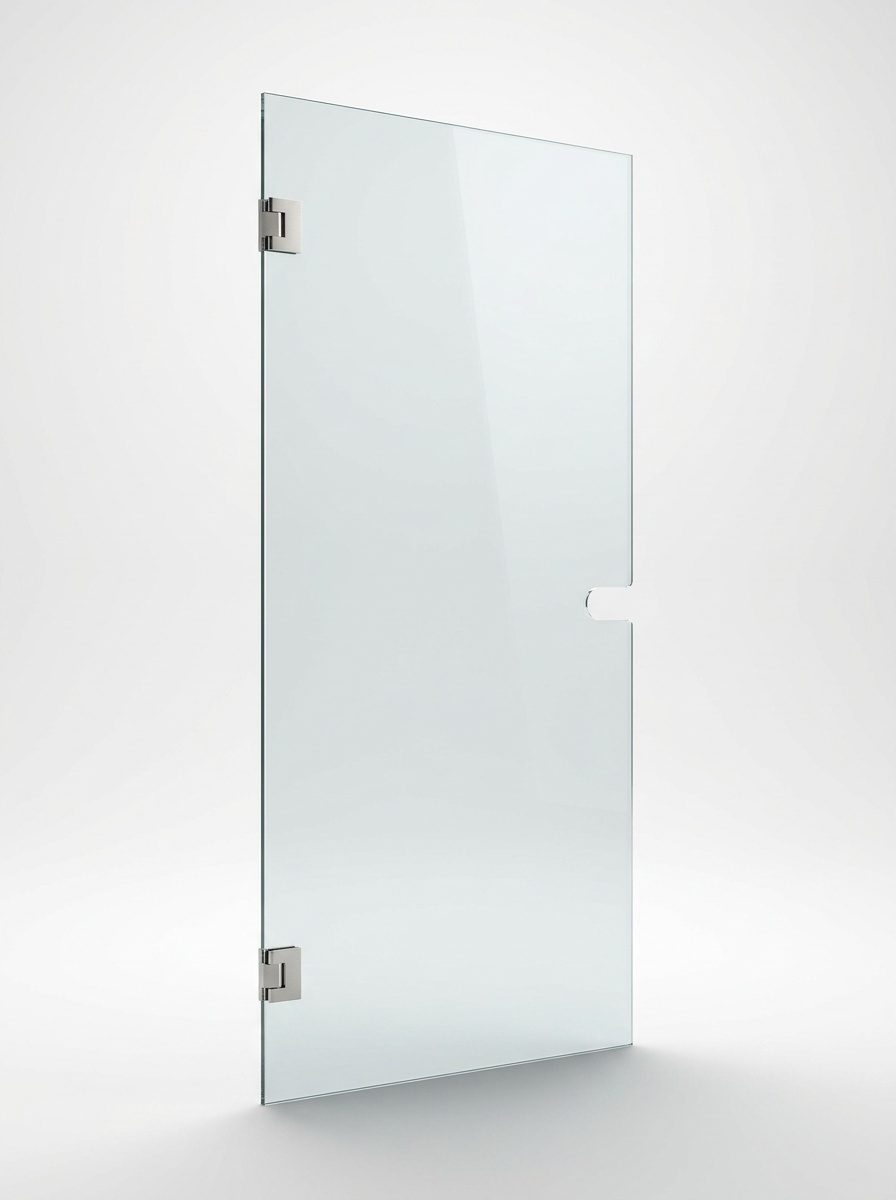 Panneau de porte en verre trempé transparent vu de face, bords polis