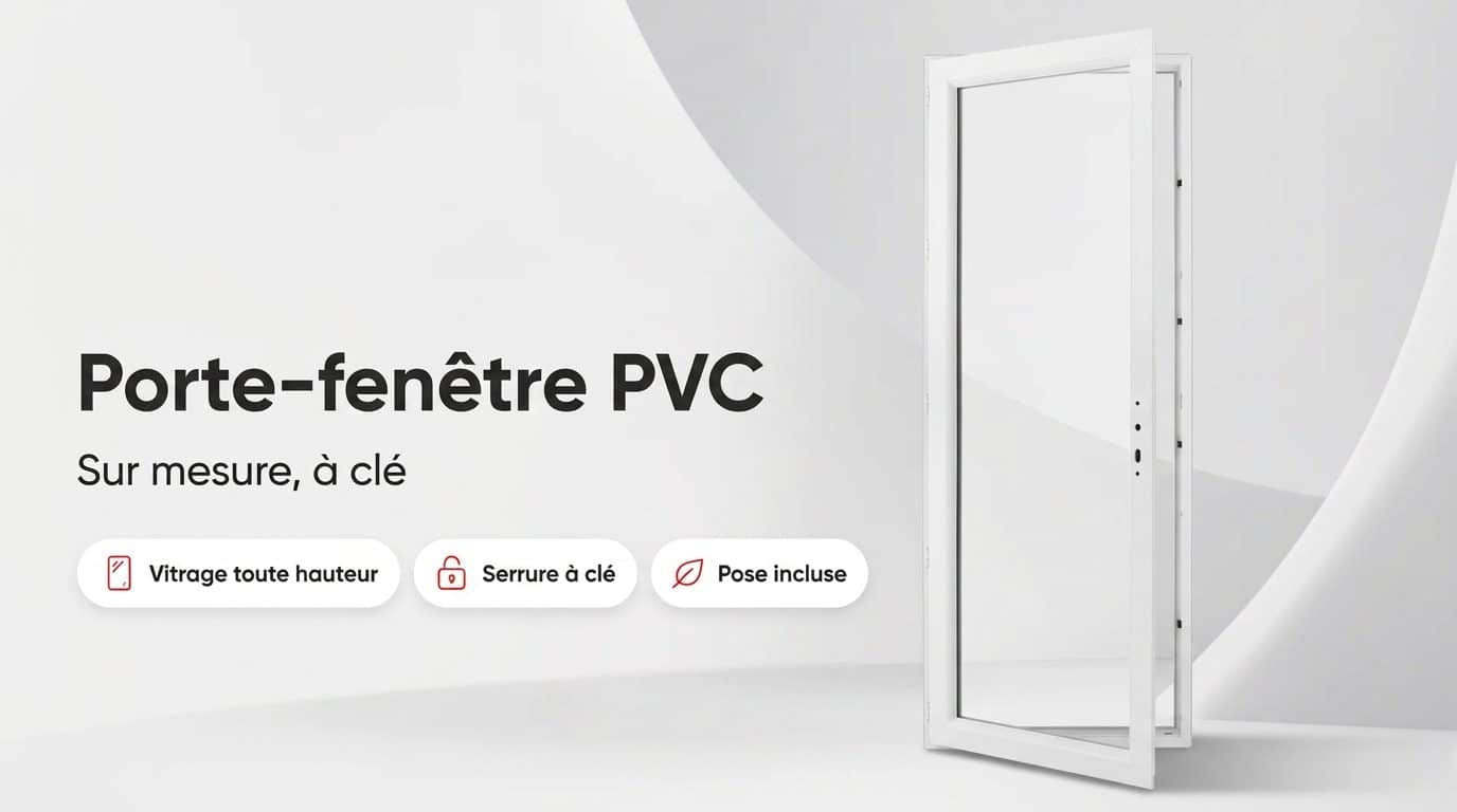 Porte-fenêtre PVC blanche à un vantail, vitrage toute hauteur sans soubassement, vue de face