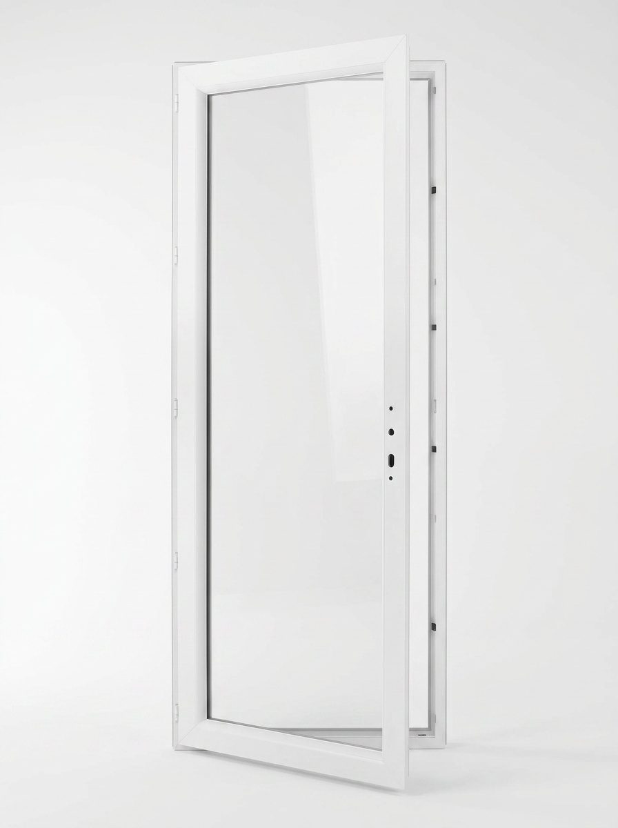 Détail du profilé PVC, du double vitrage et de la serrure à clé de la porte-fenêtre